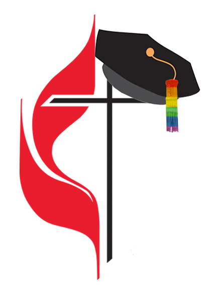 Methodist Cross and Flames with an Academic Hat with a Rainbow Tassle