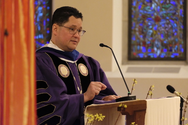 President Javier A. Viera announcing the formation of the Indigenous Study Committee at a service celebrating the launch of the Center for Ecological Regeneration on April 22, 2022