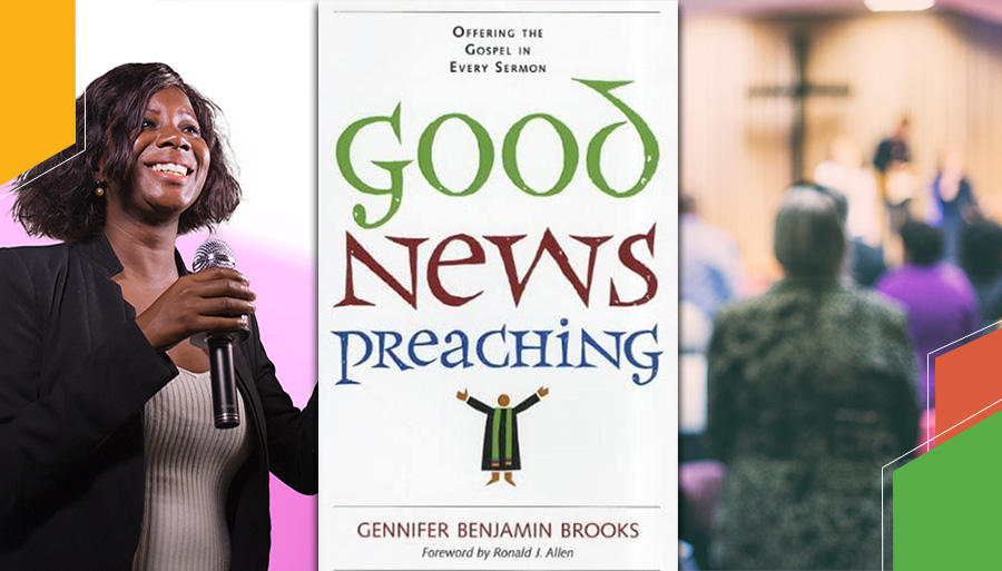 woman holding a microphone, Good News Preaching book cover, church worship service with cross in the background